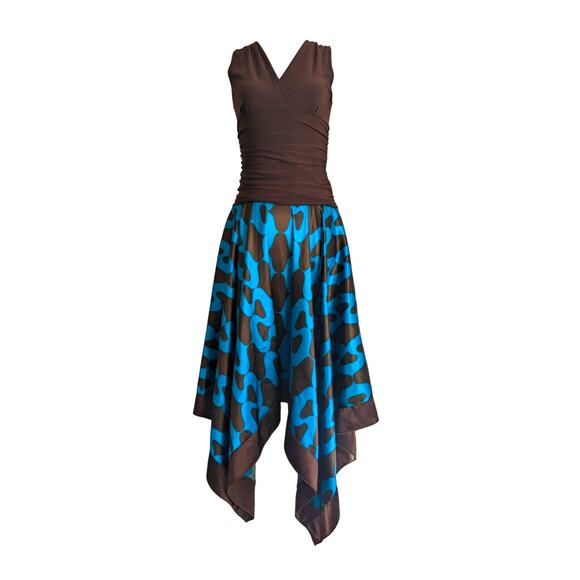 Ruched Y2K Ocean Ogee Scarf Hem Asymmetrical Satin Dress - Picture 1 of 12